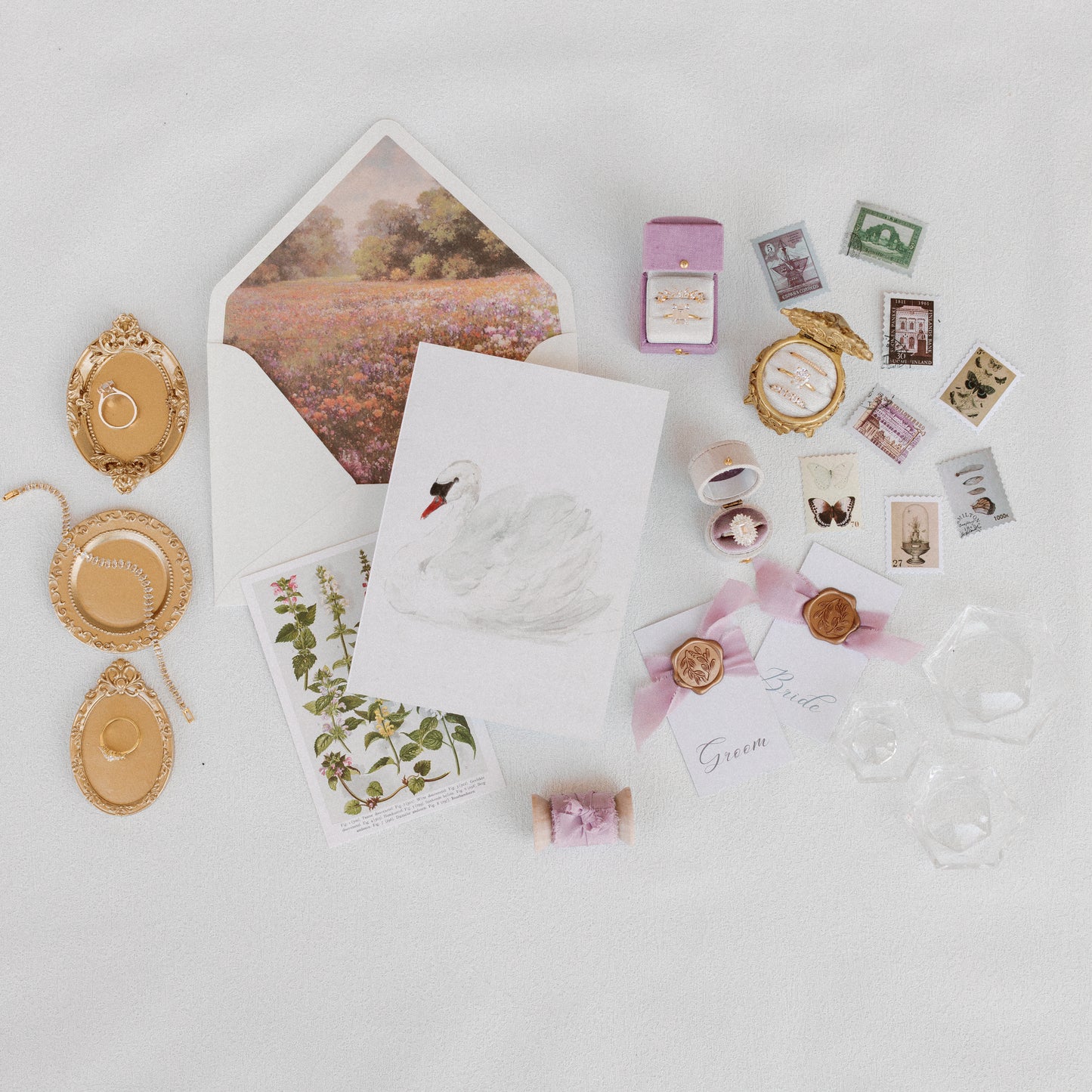 Flat Lay Styling Kit for Photographers, Vintage Stamps, Silk Ribbons, Brass Blossom Ring Box, Linen Ring Box