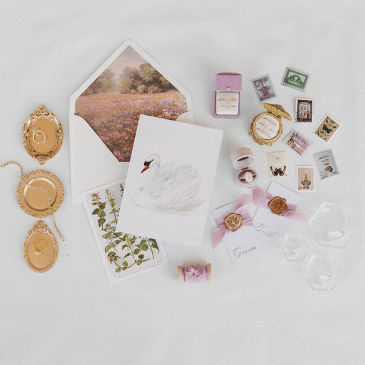Flat Lay Styling Kit for Photographers, Vintage Stamps, Silk Ribbons, Brass Blossom Ring Box, Linen Ring Box