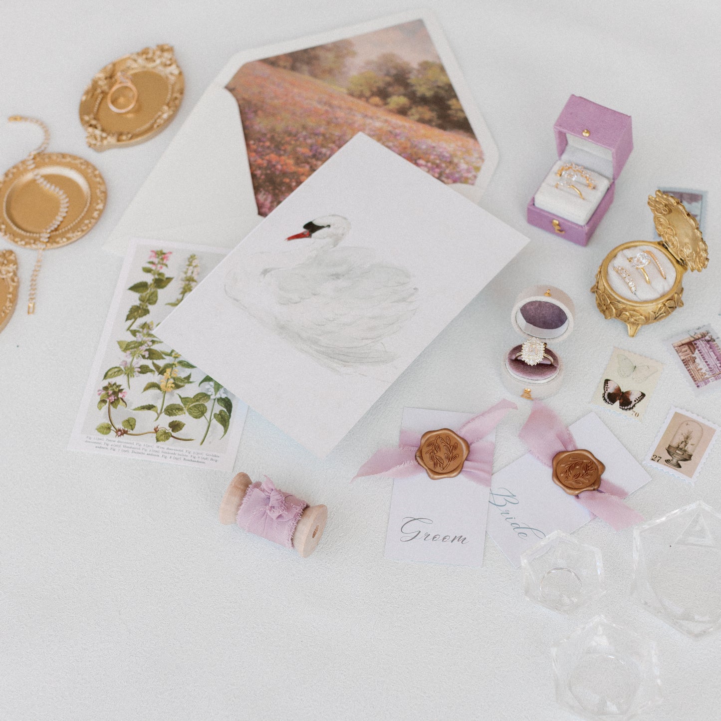Flat Lay Styling Kit for Photographers, Vintage Stamps, Silk Ribbons, Brass Blossom Ring Box, Linen Ring Box