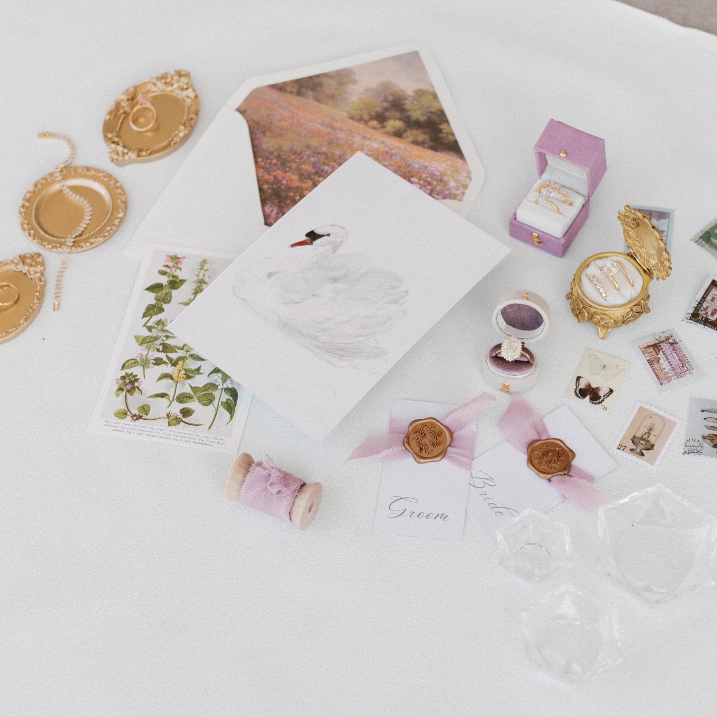 Flat Lay Styling Kit for Photographers, Vintage Stamps, Silk Ribbons, Brass Blossom Ring Box, Linen Ring Box