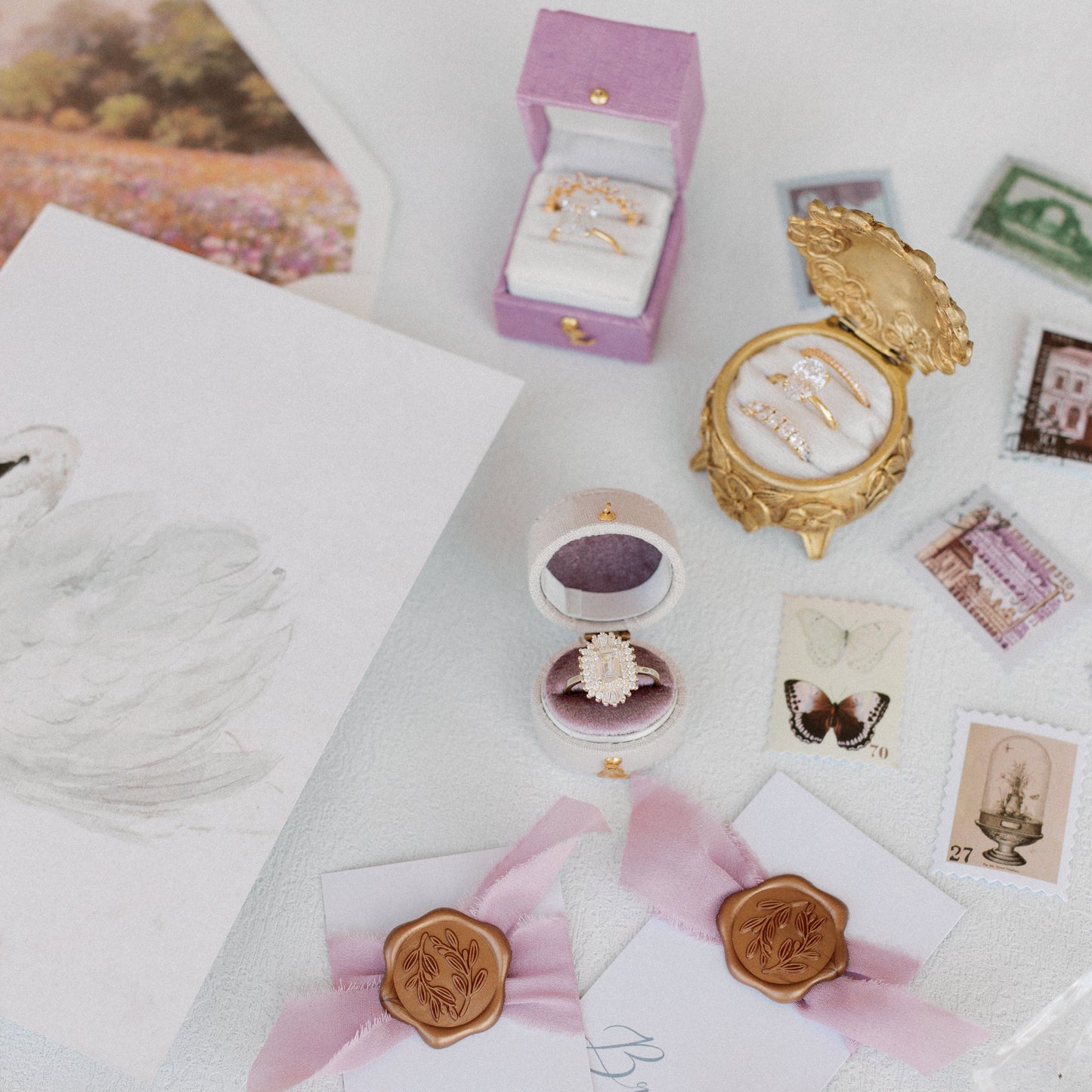 Flat Lay Styling Kit for Photographers, Vintage Stamps, Silk Ribbons, Brass Blossom Ring Box, Linen Ring Box