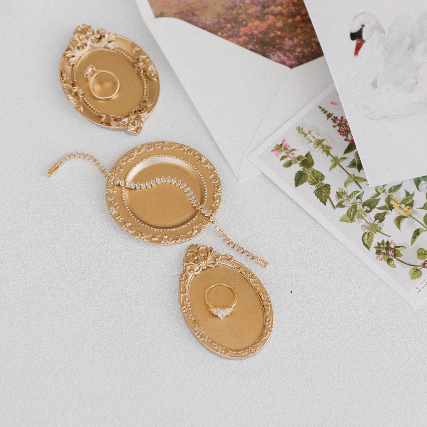 Flat Lay Styling Kit for Photographers, Vintage Stamps, Silk Ribbons, Brass Blossom Ring Box, Linen Ring Box