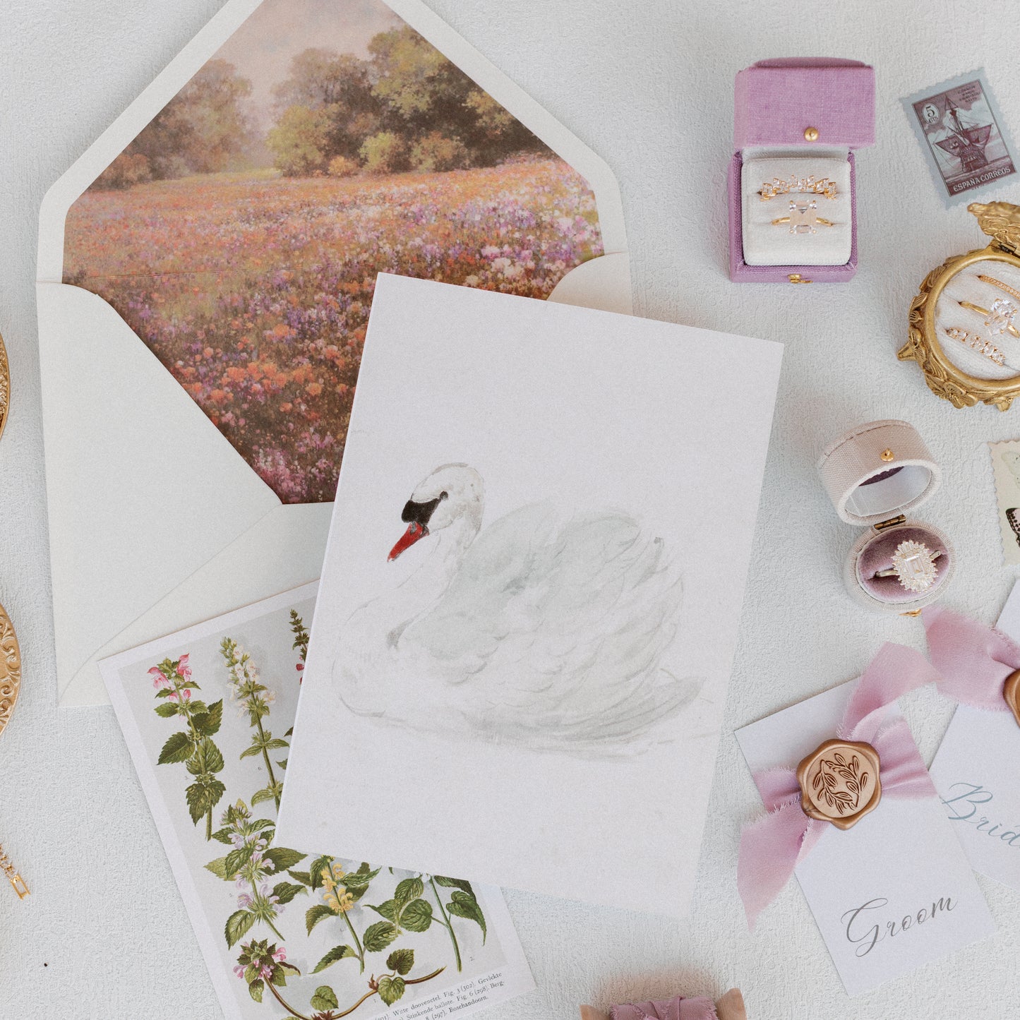 Flat Lay Styling Kit for Photographers, Vintage Stamps, Silk Ribbons, Brass Blossom Ring Box, Linen Ring Box