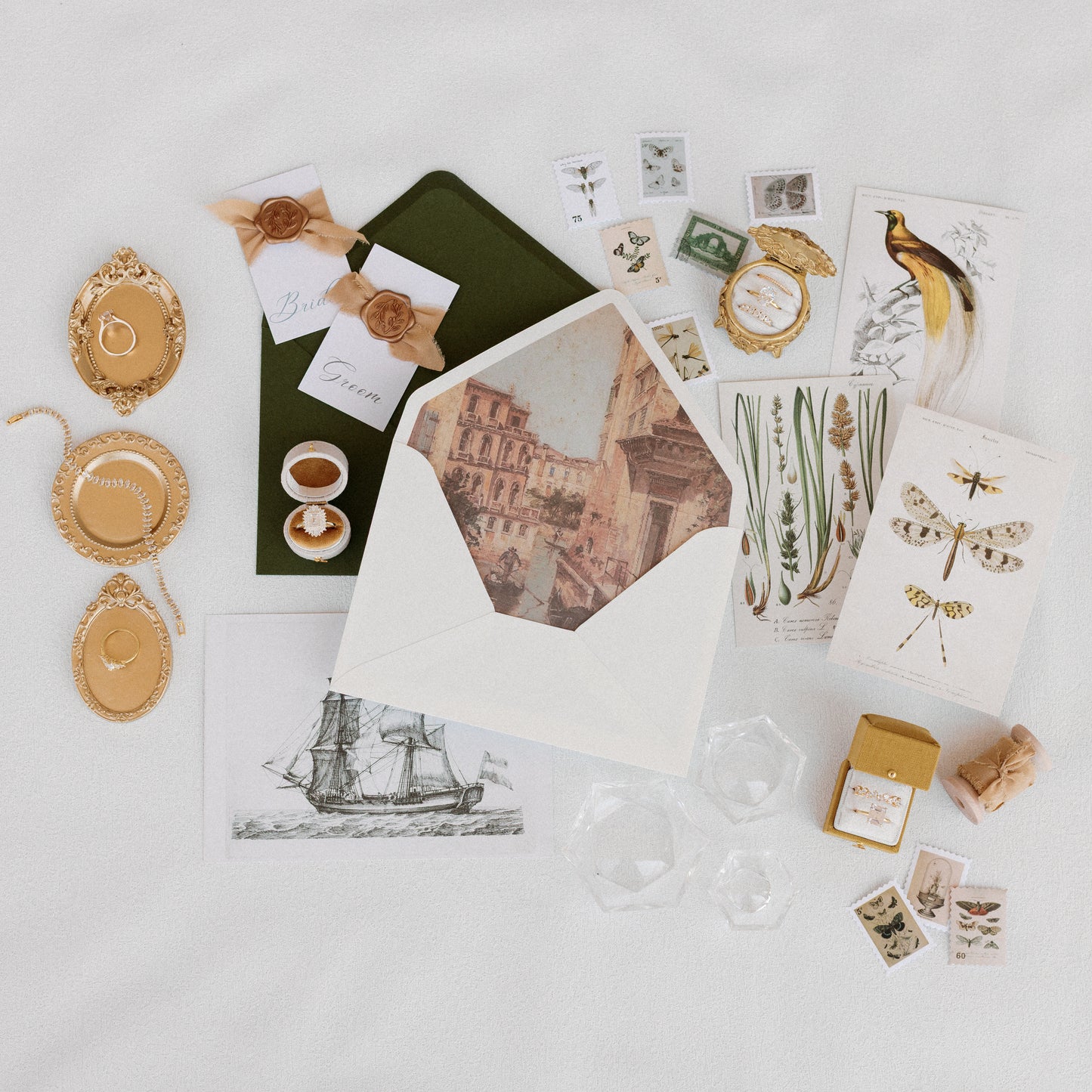 Flat Lay Styling Kit for Photographers, Vintage Stamps, Silk Ribbons, Brass Blossom Ring Box, Linen Ring Box Oro