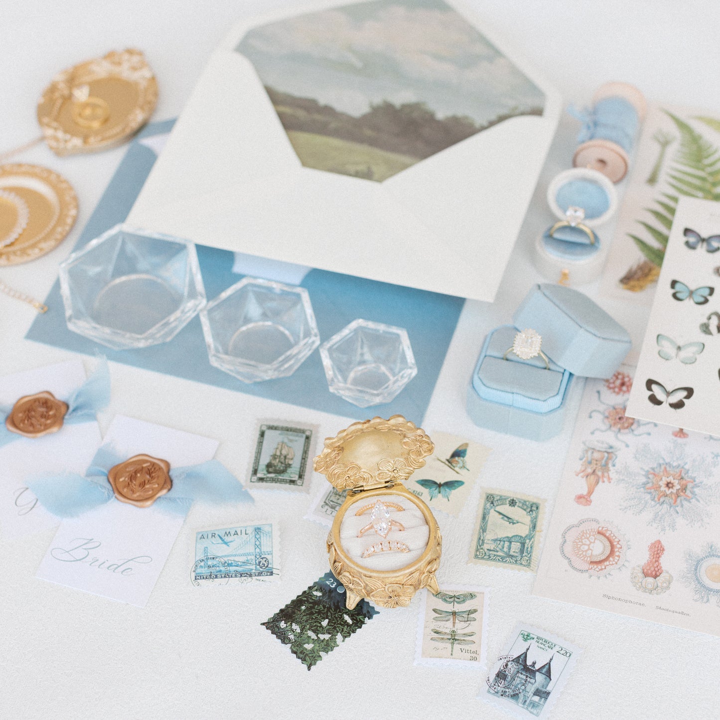 Flat Lay Styling Kit for Photographers, Vintage Stamps, Silk Ribbons, Brass Blossom Ring Box, Linen Ring Box Hydrangea
