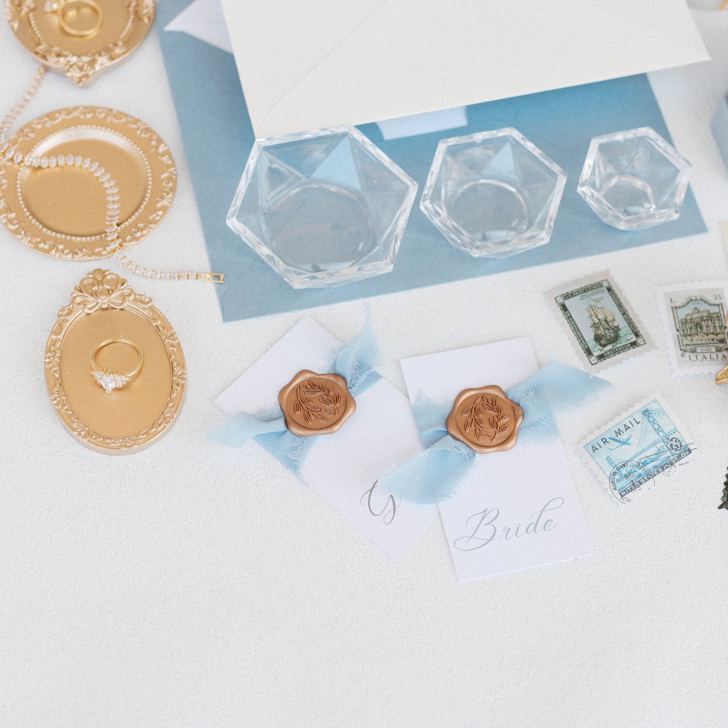 Flat Lay Styling Kit for Photographers, Vintage Stamps, Silk Ribbons, Brass Blossom Ring Box, Linen Ring Box Hydrangea
