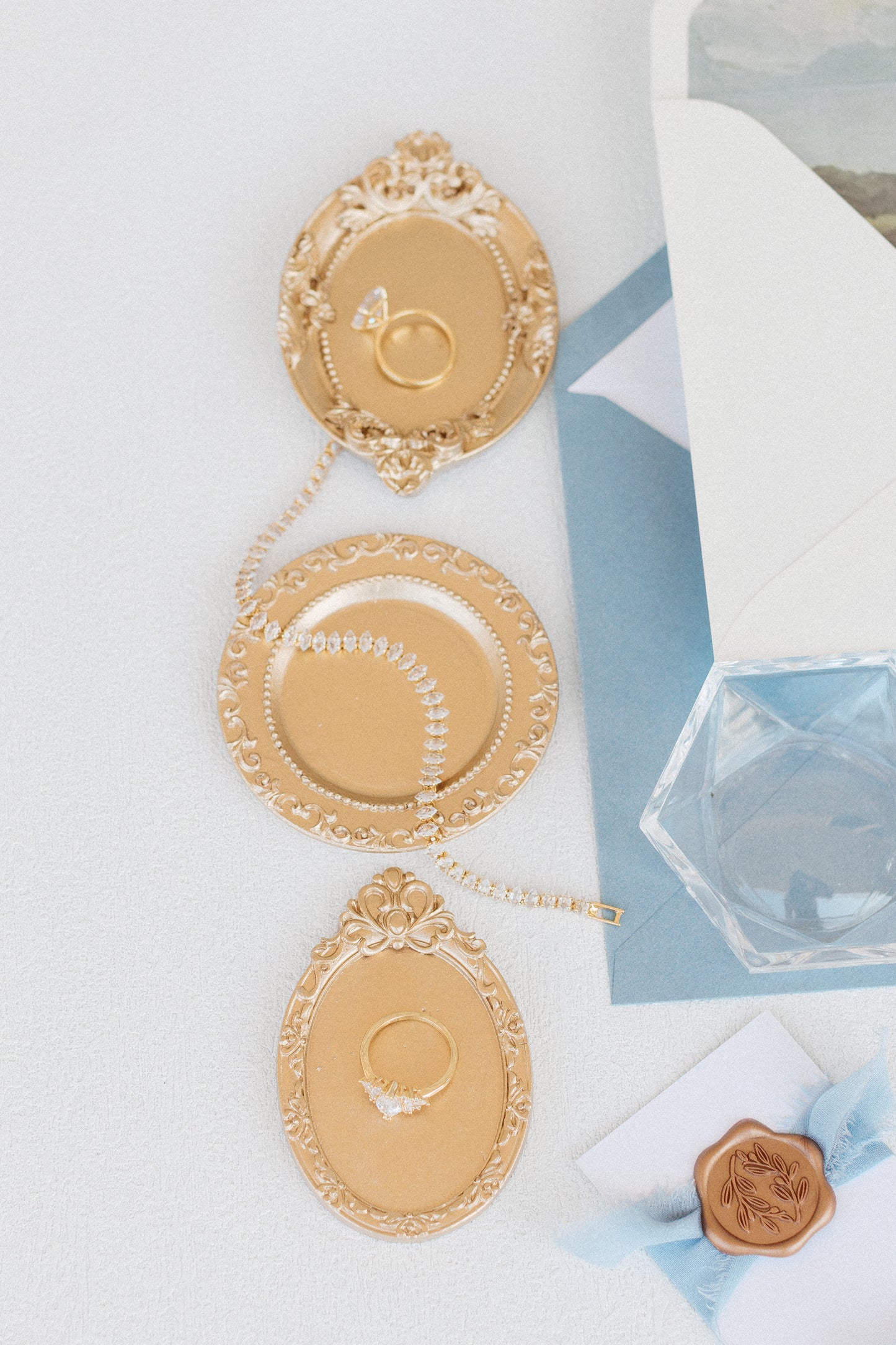 Flat Lay Styling Kit for Photographers, Vintage Stamps, Silk Ribbons, Brass Blossom Ring Box, Linen Ring Box Hydrangea