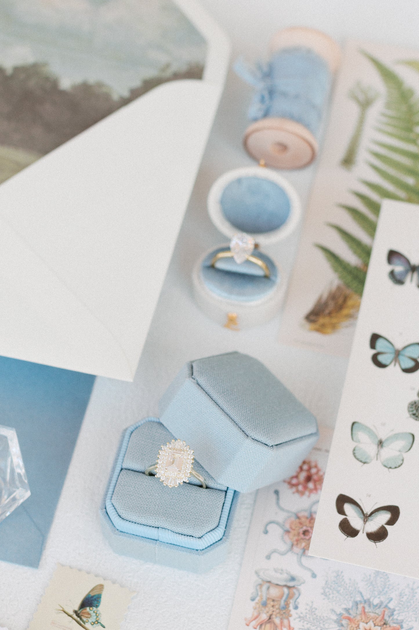 Flat Lay Styling Kit for Photographers, Vintage Stamps, Silk Ribbons, Brass Blossom Ring Box, Linen Ring Box Hydrangea