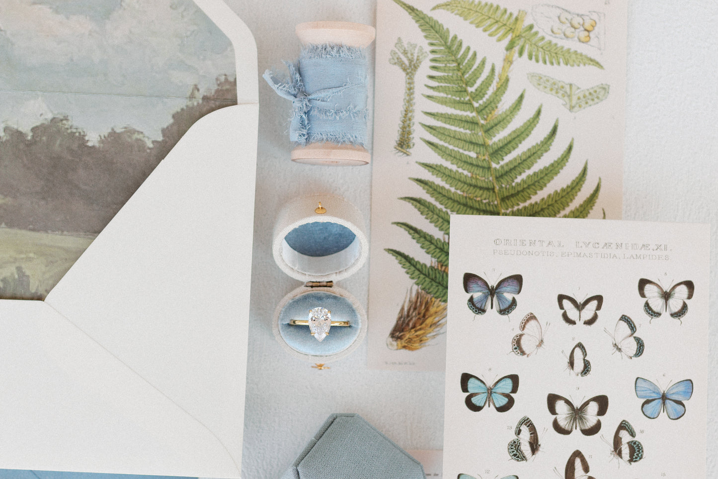 Flat Lay Styling Kit for Photographers, Vintage Stamps, Silk Ribbons, Brass Blossom Ring Box, Linen Ring Box Hydrangea