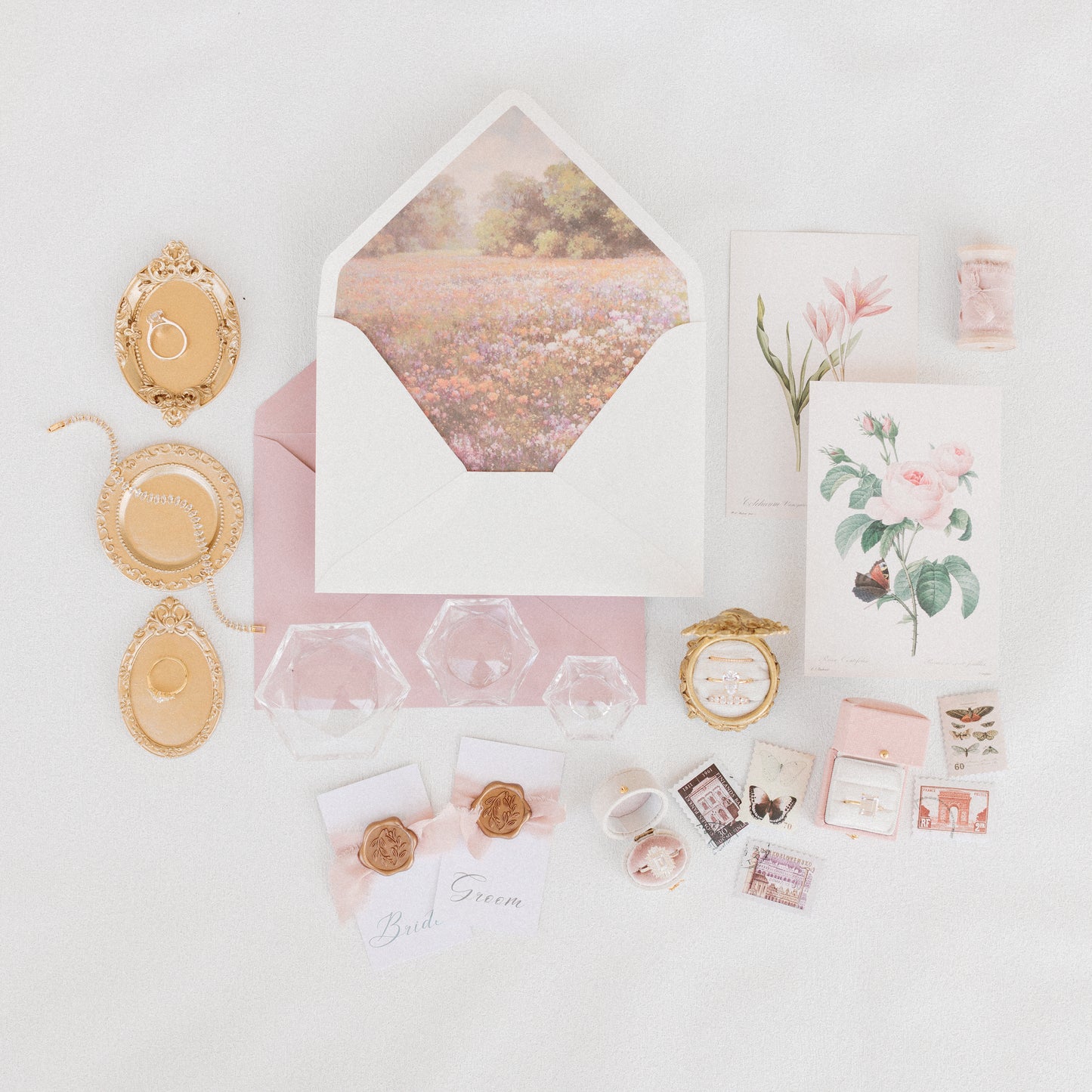 Flat Lay Styling Kit for Photographers, Vintage Stamps, Silk Ribbons, Brass Blossom Ring Box, Linen Ring Box Roseate