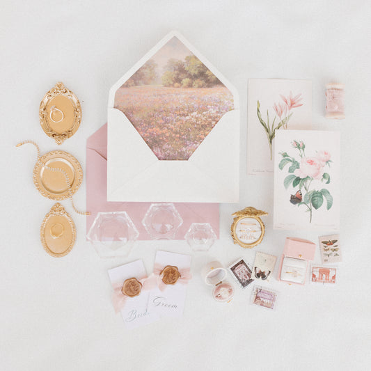 Flat Lay Styling Kit for Photographers, Vintage Stamps, Silk Ribbons, Brass Blossom Ring Box, Linen Ring Box Roseate