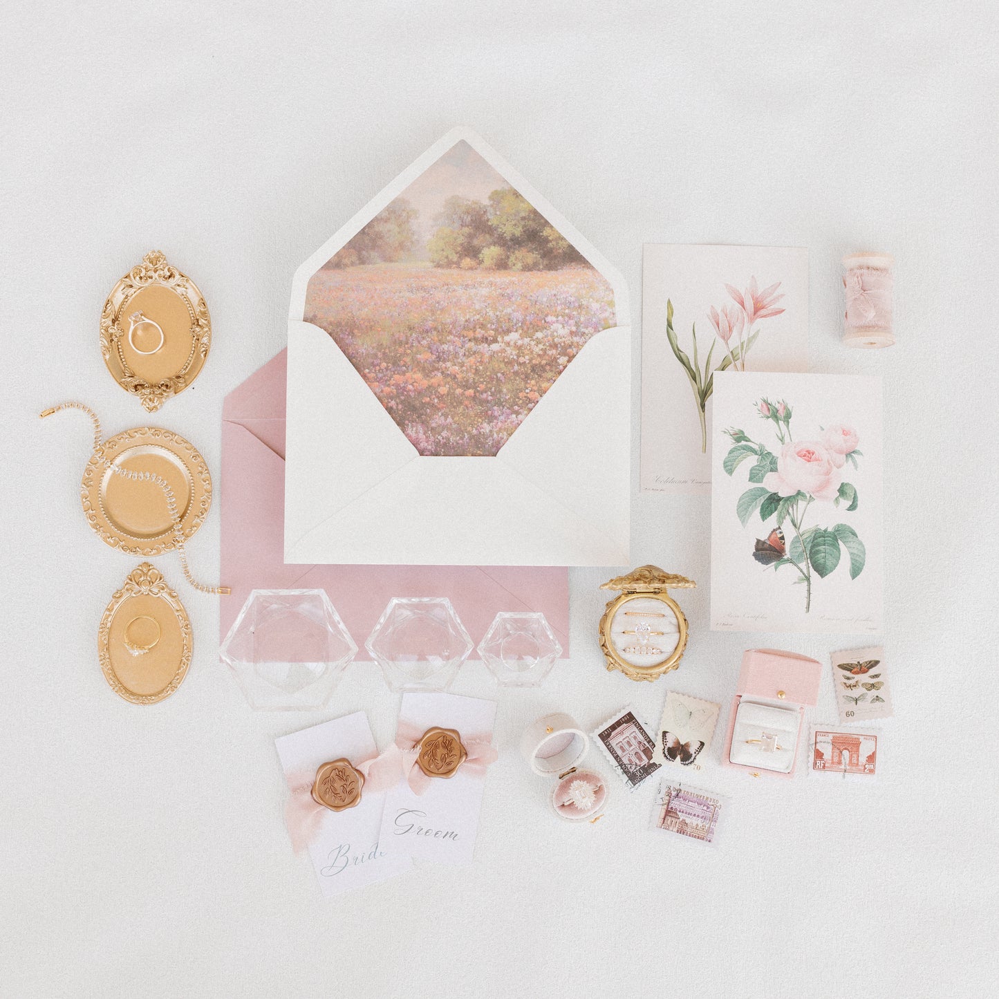 Flat Lay Styling Kit for Photographers, Vintage Stamps, Silk Ribbons, Brass Blossom Ring Box, Linen Ring Box Roseate