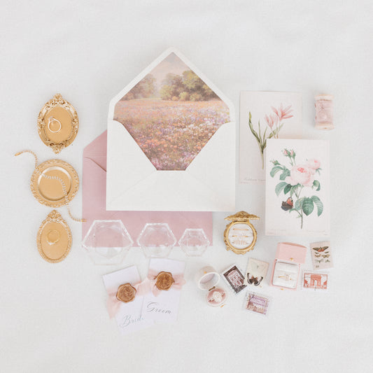 Flat Lay Styling Kit for Photographers, Vintage Stamps, Silk Ribbons, Brass Blossom Ring Box, Linen Ring Box Roseate