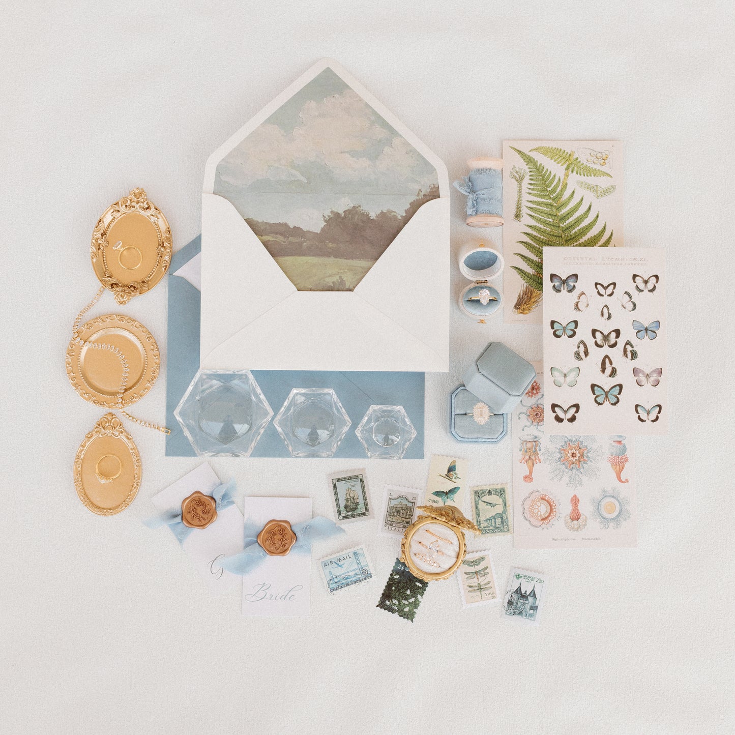 Flat Lay Styling Kit for Photographers, Vintage Stamps, Silk Ribbons, Brass Blossom Ring Box, Linen Ring Box Hydrangea