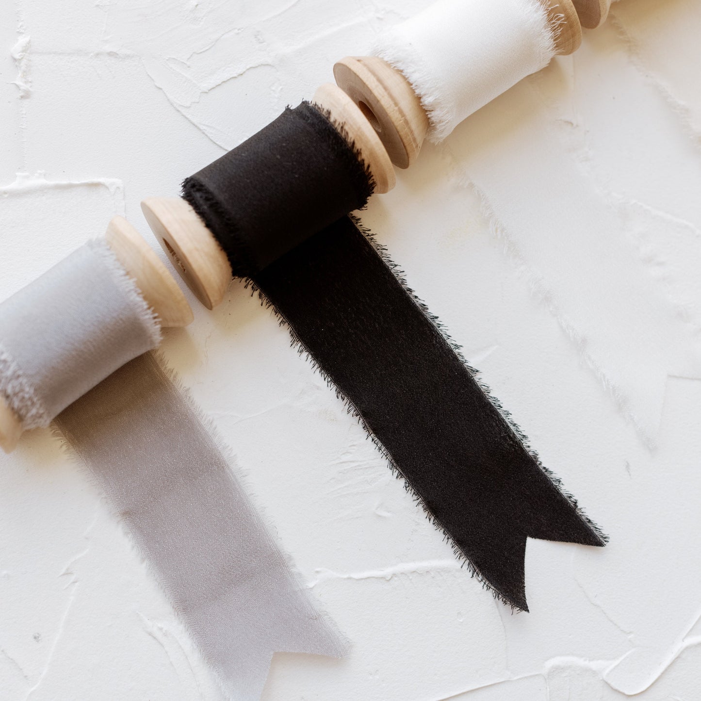 Set of 4 Nuetral Hues Frayed Edge Silk Ribbon with Wooden Spool Flat Lay Styling Ribbon white beige black gray