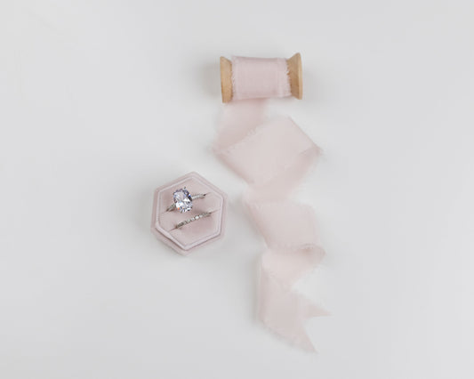 Flamingo Silk Ribbon & Hexagon Velvet Ring Box