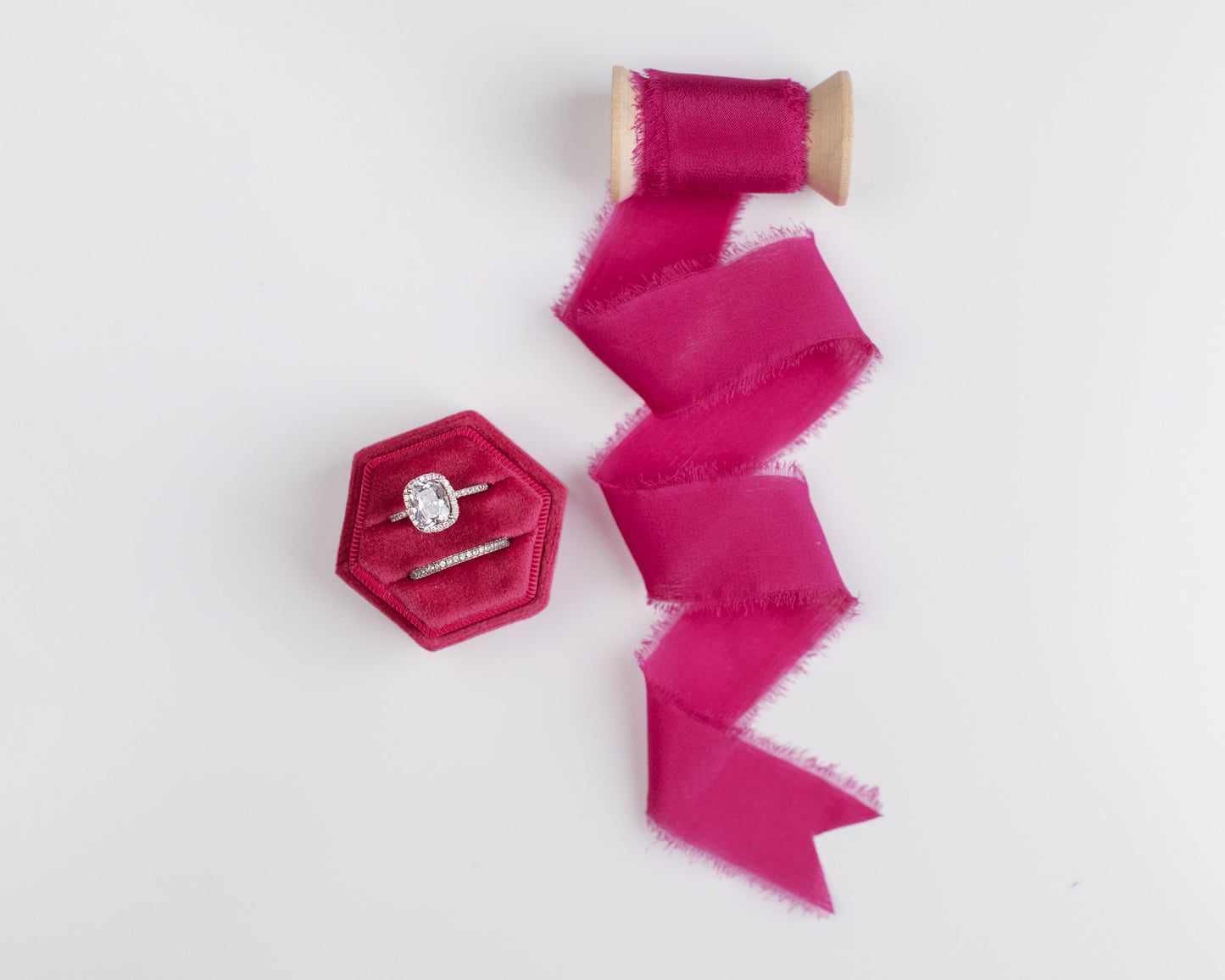 Fuchsia Silk Ribbon & Hexagon Ring Box